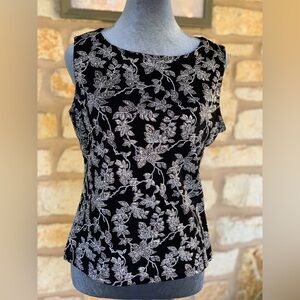 Vintage Holiday Silver Sparkle Sleeveless Top Floral Leaf Vine Design
